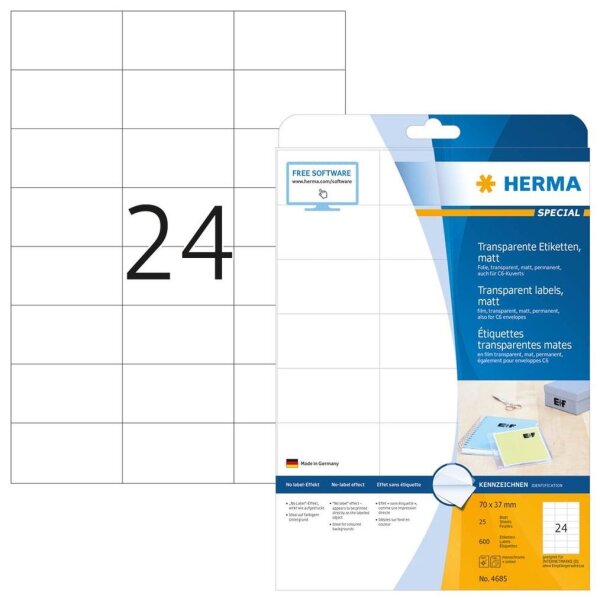 HERMA Folienetiketten 4685 transparent 70,0 x 37,0 mm, 25 Blatt