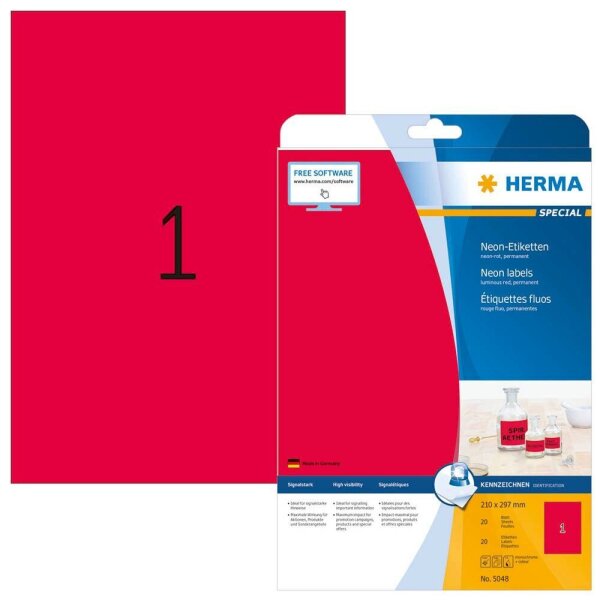 HERMA Etiketten 5048 rot 210,0 x 297,0 mm, 20 Blatt