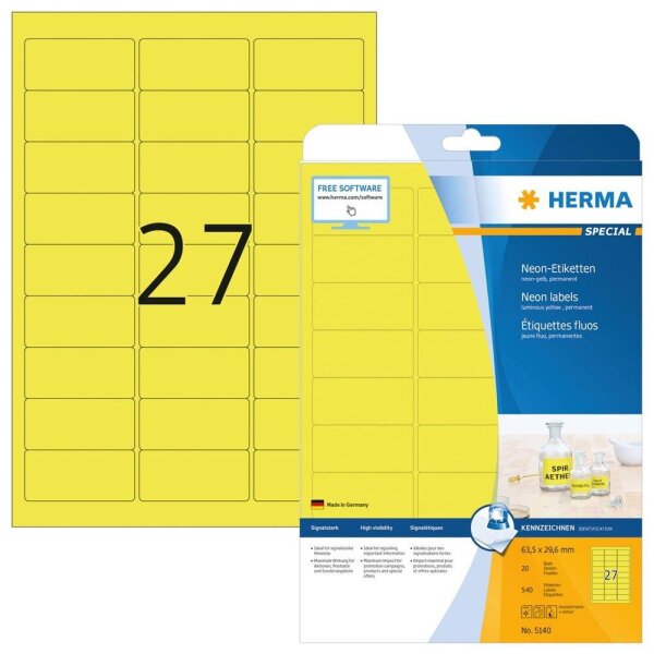 HERMA Etiketten 5140 gelb 63,5 x 29,6 mm, 20 Blatt