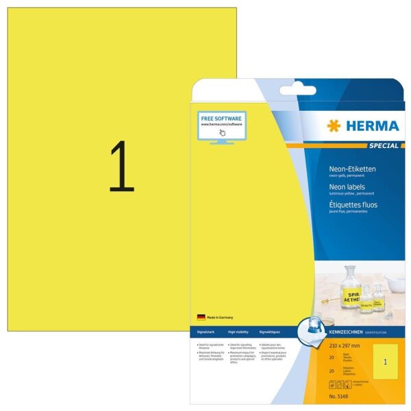 HERMA Etiketten 5148 gelb 210,0 x 297,0 mm, 20 Blatt