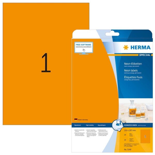 HERMA Etiketten 5149 orange 210,0 x 297,0 mm, 20 Blatt