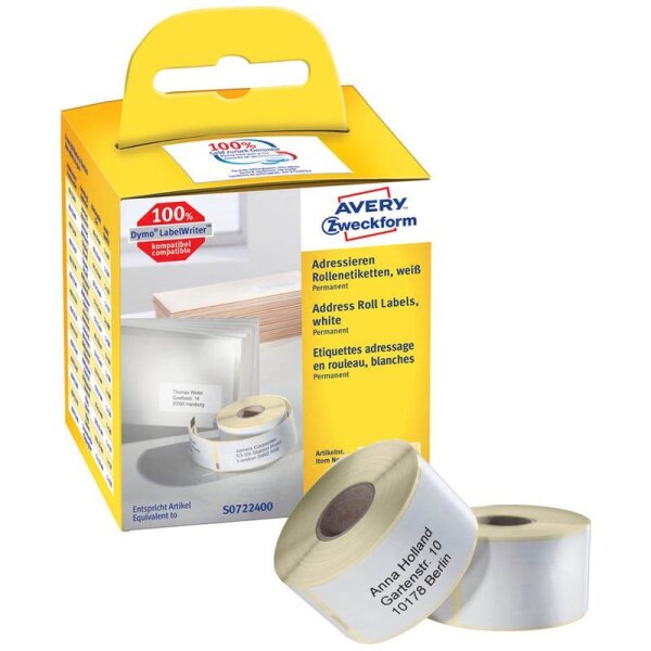 AVERY Zweckform Etikettenrollen für Etikettendrucker AS0722400 weiß, 89,0 x 36,0 mm, 2 x 260 Etiketten