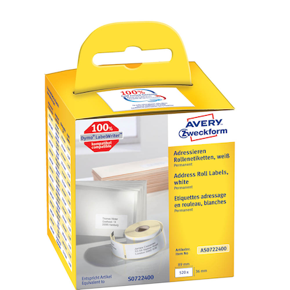AVERY Zweckform Etikettenrollen für Etikettendrucker AS0722400 weiß, 89,0 x 36,0 mm, 2 x 260 Etiketten