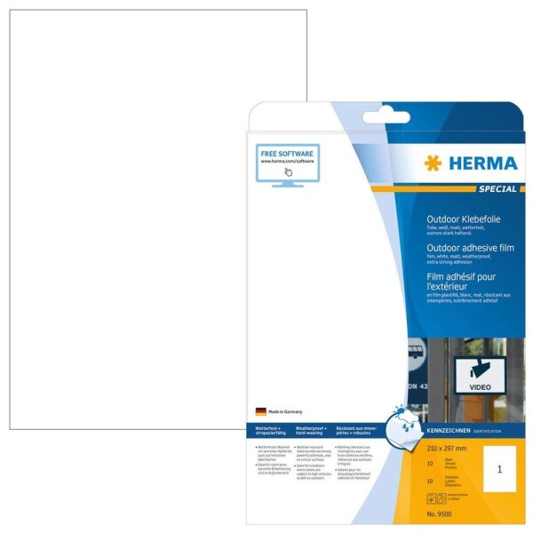 HERMA Folien-Kraftklebe-Etiketten 9500 weiß 210,0 x 297,0 mm, 10 Blatt