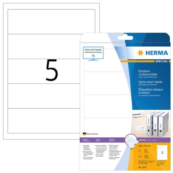 HERMA Einsteck-Rückenschilder 5032 weiß für 7,0 - 8,0 cm Rückenbreite, 125 Etiketten