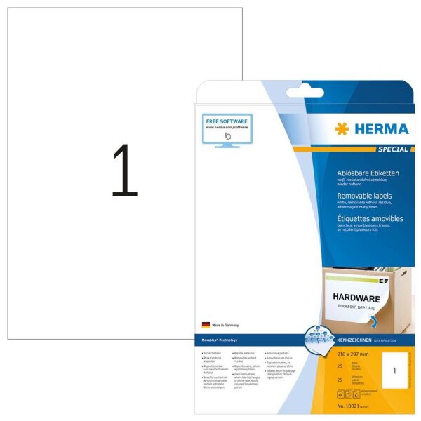 HERMA Etiketten 10021 weiß 210,0 x 297,0 mm, 25 Blatt