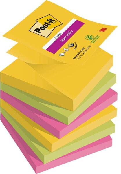 Post-it® Super Sticky Z-Notes Carnival Haftnotizen extrastark R3306SR farbsortiert, 6 Blöcke