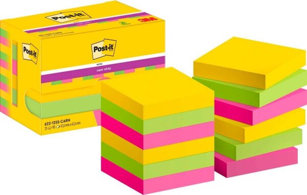 Post-it® Super Sticky Carnival Haftnotizen extrastark 654MTDR farbsortiert, 12 Blöcke