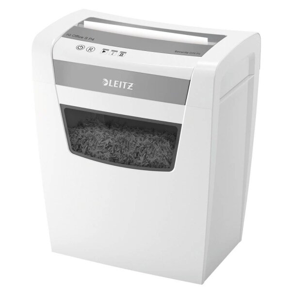 LEITZ IQ Office S Aktenvernichter mit Partikelschnitt P-4, 4 x 28 mm, bis 12 Blatt, weiß