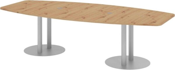 HAMMERBACHER Konferenztisch KT28S asteiche Tonnenform, Rundrohr silber, 280,0 x 85,0 - 130,0 x 74,0 cm
