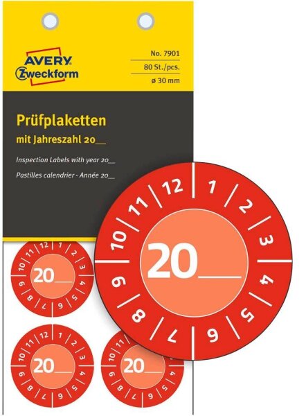 AVERY Zweckform Prüfplaketten 7901 rot 30,0 x 30,0 mm, 10 Blatt