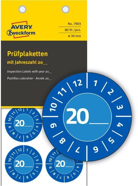 AVERY Zweckform Prüfplaketten 7903 blau 30,0 x 30,0 mm, 10 Blatt