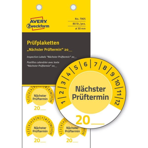AVERY Zweckform Prüfplaketten 7905 gelb 30,0 x 30,0 mm, 10 Blatt