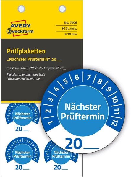 AVERY Zweckform Prüfplaketten 7906 blau 30,0 x 30,0 mm, 10 Blatt