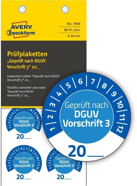 AVERY Zweckform Prüfplaketten 7909 blau 30,0 x 30,0 mm, 10 Blatt