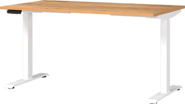 GERMANIA JET höhenverstellbarer Schreibtisch navarra-eiche rechteckig, T-Fuß-Gestell weiß 140,0 x 80,0 cm