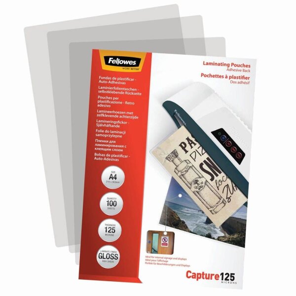 Fellowes Laminierfolien Capture125 glänzend für A4 125 micron selbstklebender Rücken, 100 St.