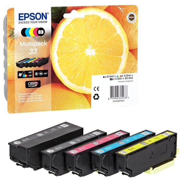 EPSON 33 / T3337 (Orangen) schwarz, cyan, magenta, gelb, Foto schwarz Druckerpatronen, 5er-Set