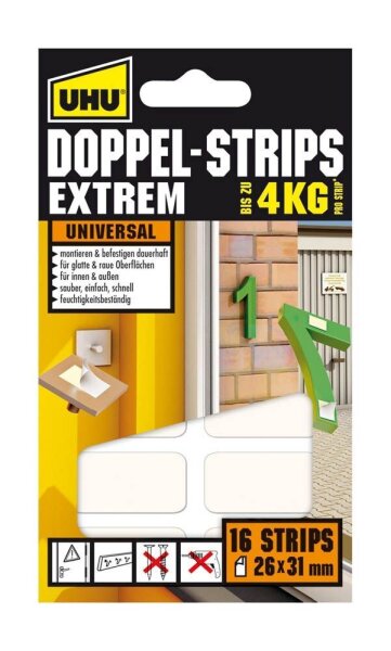 UHU EXTREM Klebestreifen für max. 4,0 kg, 26,0 x 31,0 mm, 16 St.