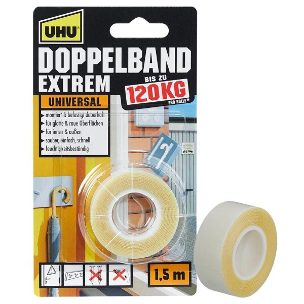 UHU EXTREM UNIVERSAL 120KG doppelseitiges Klebeband 19,0 mm x 1,5 m, 1 Rolle