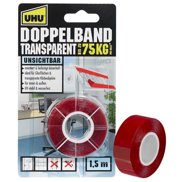 UHU TRANSPARENT 75KG doppelseitiges Klebeband 19,0 mm x 1,5 m, 1 Rolle