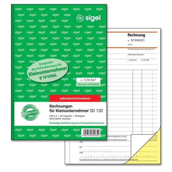 SIGEL Rechnung für Kleinunternehmer mit fortlaufenden Nummern (ohne MwSt.-Ausweis) Formularbuch SD130, 1 St.