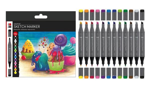 Marabu GRAPHIX SUGARHOLIC Permanentmarker-Set farbsortiert 1,0 - 7,0 mm, 12 St.