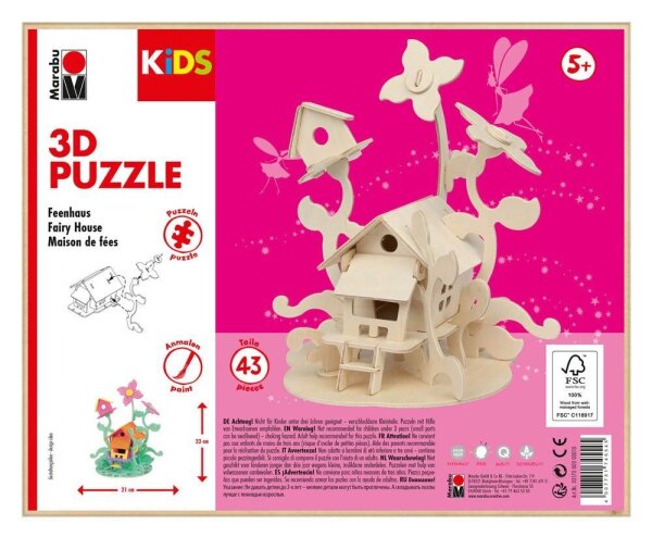 Marabu KiDS Feenhaus 3D-Puzzle, 43 (bemalbar) Teile