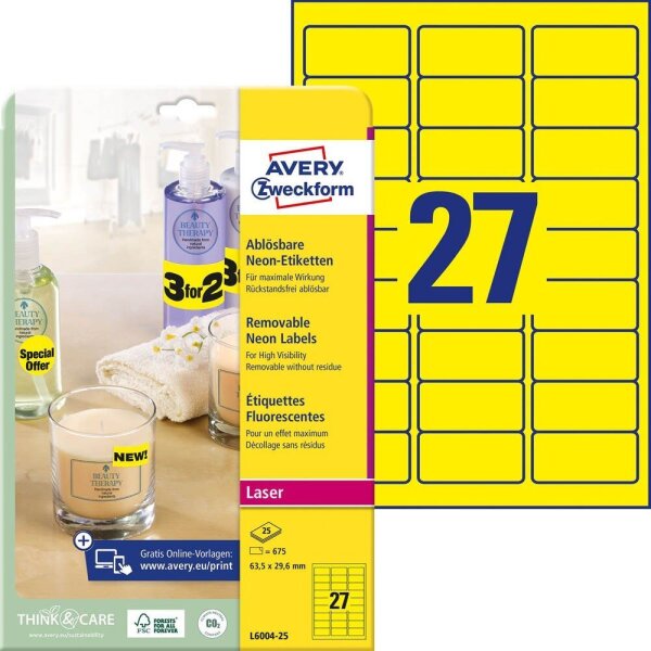 AVERY Zweckform Etiketten L6004-25 gelb 63,5 x 29,6 mm, 25 Blatt