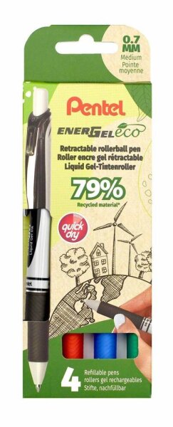 Pentel EnerGel eco BL77 Gelschreiber schwarz, blau, rot, grün 0,35 mm, Schreibfarbe: farbsortiert, 1 Set