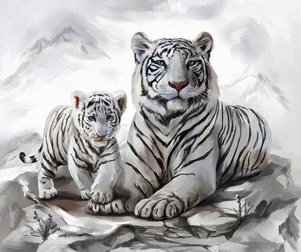 PRACHT® Creatives Diamond Painting Tigermama mit Jungtier weiß