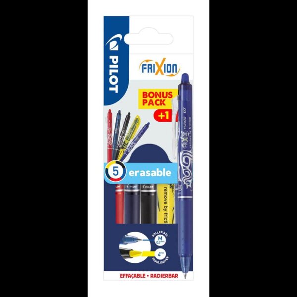 PILOT FRIXION ball CLICKER Tintenroller blau, rot, schwarz, blauschwarz, gelb 0,4 mm, Schreibfarbe: farbsortiert, 1 Set