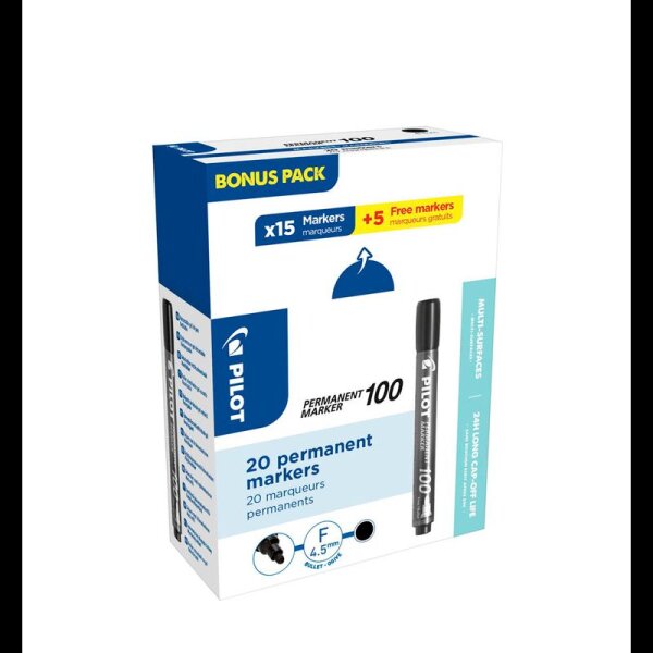 15 + 5 GRATIS: PILOT 100 Permanentmarker schwarz 1,0 mm, 15 St. + GRATIS 5 St.