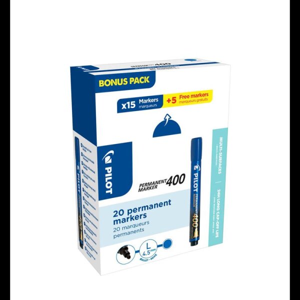 15 + 5 GRATIS: PILOT 400 Permanentmarker blau 1,0 - 4,0 mm, 15 St. + GRATIS 5 St.