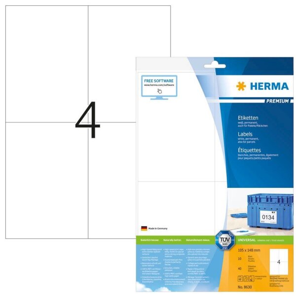 HERMA Etiketten 8630 weiß 105,0 x 148,0 mm, 10 Blatt