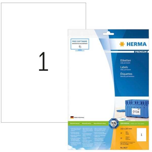 HERMA Etiketten 8637 weiß 210,0 x 297,0 mm, 10 Blatt