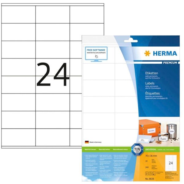 HERMA Etiketten 8638 weiß 70,0 x 36,0 mm, 10 Blatt