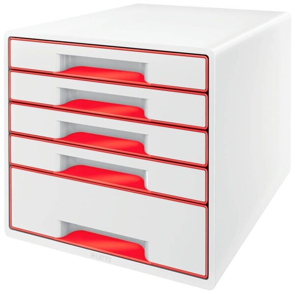 LEITZ Schubladenbox WOW Cube  perlweiß/rot 52142026, DIN A4 mit 5 Schubladen, 1 St.
