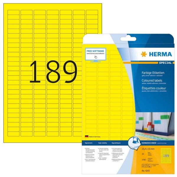 HERMA Etiketten 4243 gelb 25,4 x 10,0 mm, 20 Blatt