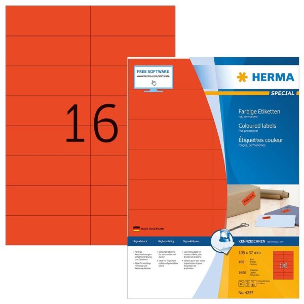 HERMA Etiketten 4257 rot 105,0 x 37,0 mm, 100 Blatt