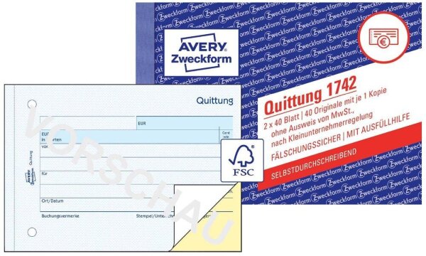AVERY Zweckform Quittung für Kleinunternehmer (ohne MwSt.-Ausweis) Formularbuch 1742, 1 St.