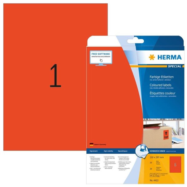 HERMA Etiketten 4422 rot 210,0 x 297,0 mm, 20 Blatt