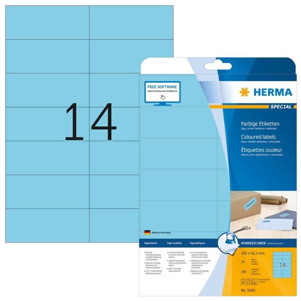 HERMA Etiketten 5060 blau 105,0 x 42,3 mm, 20 Blatt