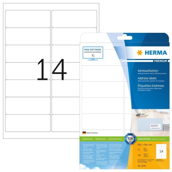 HERMA Etiketten 5076 weiß 99,1 x 38,1 mm, 25 Blatt