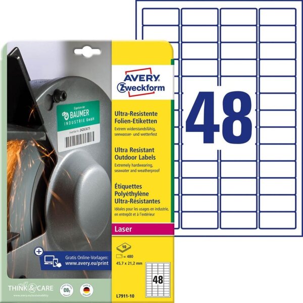 AVERY Zweckform resistente Folienetiketten L7911-10 weiß 45,7 x 21,2 mm, 10 Blatt