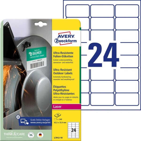 AVERY Zweckform resistente Folienetiketten L7912-10 weiß 63,5 x 33,9 mm, 10 Blatt
