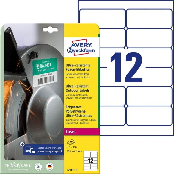 AVERY Zweckform resistente Folienetiketten L7913-10 weiß 99,1 x 42,3 mm, 10 Blatt