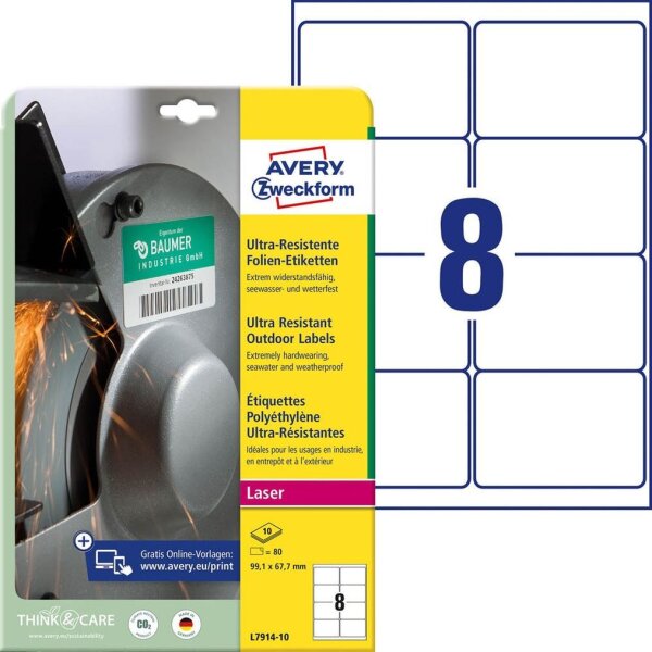 AVERY Zweckform resistente Folienetiketten L7914-10 weiß 99,1 x 67,7 mm, 10 Blatt