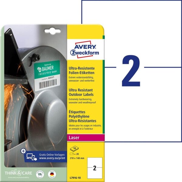 AVERY Zweckform resistente Folienetiketten L7916-10 weiß 210,0 x 148,0 mm, 10 Blatt