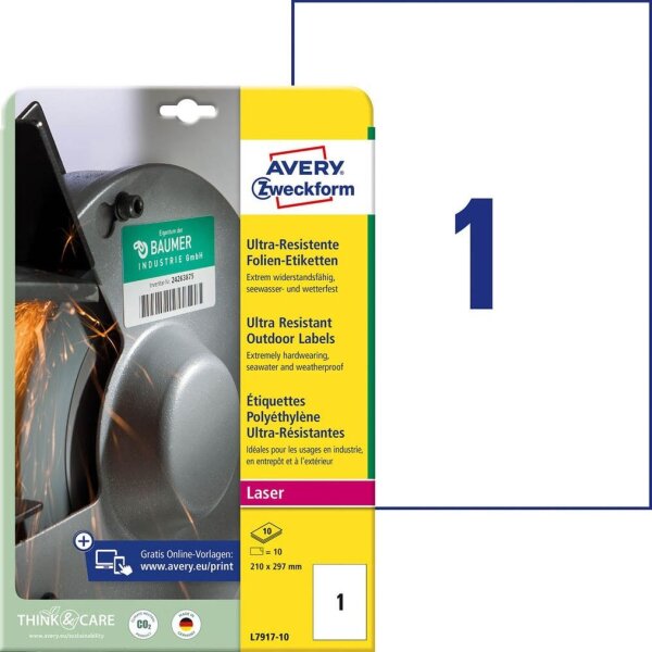 AVERY Zweckform resistente Folienetiketten L7917-10 weiß 210,0 x 297,0 mm, 10 Blatt